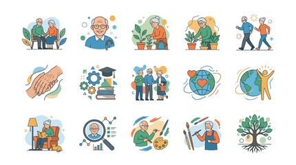 Fototapeta premium Senior Lifestyle Icons: Health, Hobbies, Family, and Community