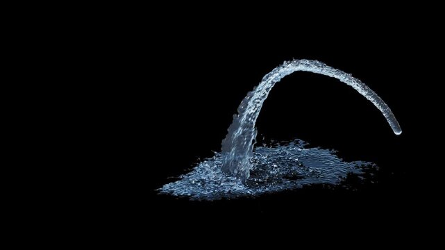 Isolated Arch Fountain with high curved jet and variable flow on a black background