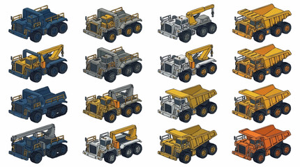 Set of various isometric heavy construction vehicles and mining dump trucks for game design. © MuhammadDafa