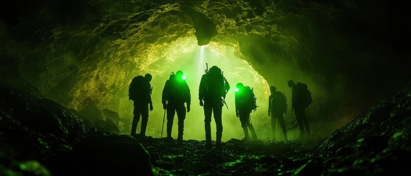 Adventure group exploring underground cave