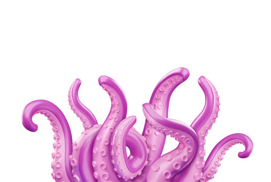3D border of a tangled mass of pink octopus tentacles with realistic suction cups.