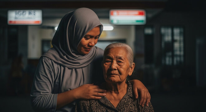 Young Muslim woman in a grey hijab providing emotional support and comfort to an elderly woman in a dark hospital setting with cinematic atmosphere.