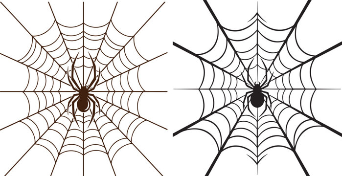 Black and white spider sitting in the center of a circular spiderweb with arachnid halloween minimalist illustration monochrome structure wildlife creature seasonal decoration silhouette