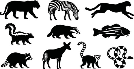 Collection of animal silhouettes including mammals and fish in black isolated on white background © SAYEDAJANNATUL