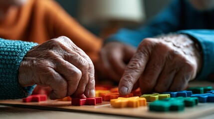 Obraz premium Wrinkled elderly hands carefully placing colorful wooden puzzle pieces on a game board in a warm indoor home living environment