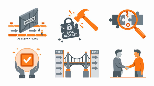 Set of flat vector icons representing project management and agile workflow obstacles and solutions in orange and grey colors