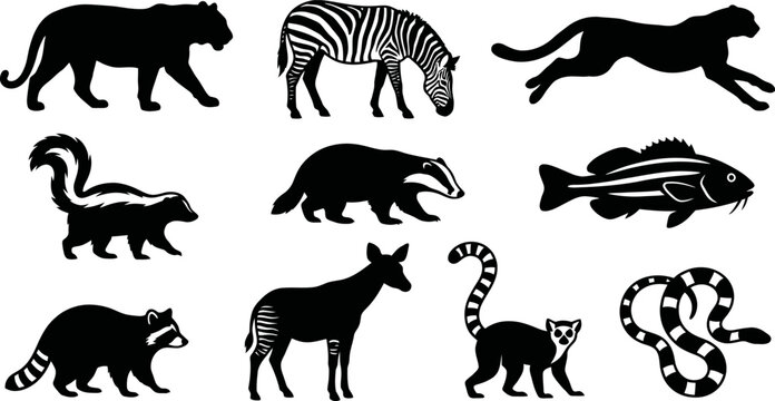 Collection of animal silhouettes including mammals and fish in black isolated on white background