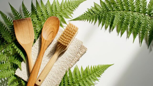 eco friendly wooden kitchen utensils, natural bristle brush and sponge on white background with green fern leaves. zero waste sustainable lifestyle concept. organic home decor, copy space.