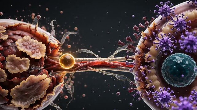 Viral Hemorrhagic Fever Pathogenesis Animation Showing Necrotic Tissue Bridged To Microscopic Cellular Destruction