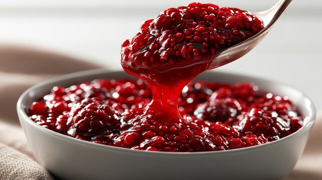 Raspberry jam being lifted by a silver spoon from a white ceramic bowl showing rich fruit texture and glossy red berry preserves
