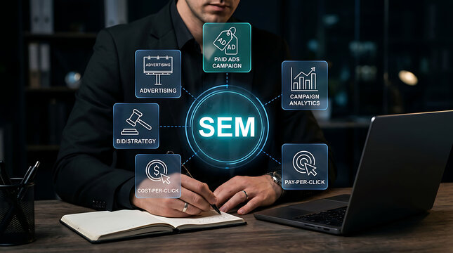 Search engine marketing SEM digital marketing strategy with laptop and paid ads campaign