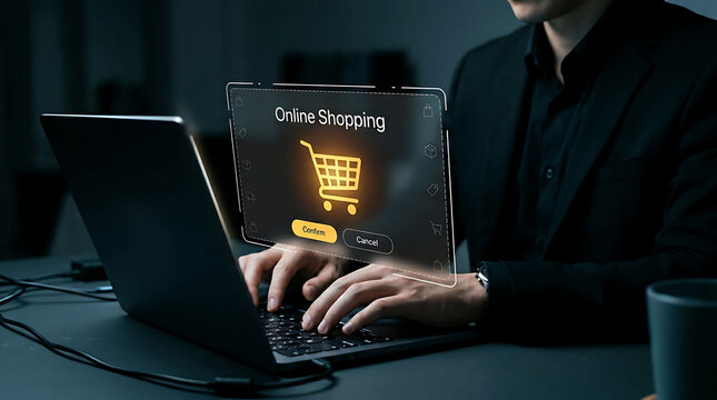 Online shopping e commerce business strategy with laptop checkout and confirm button