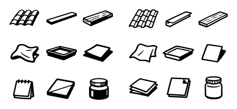 Stationery and office supplies design icons with paper, ink bottle and calendar for print presentation in minimal outline style