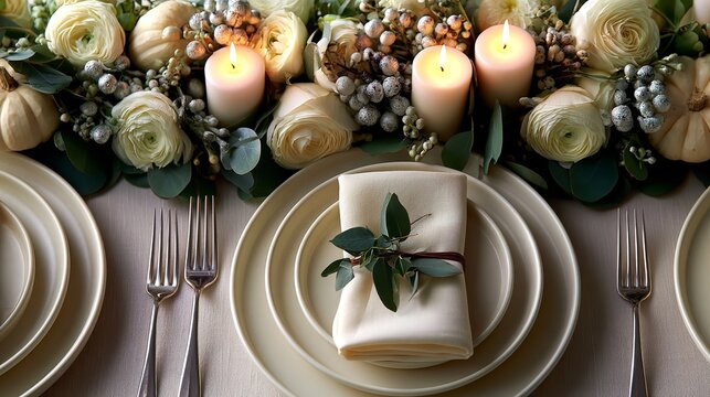 Festive arrangement includes white pumpkins eucalyptus white roses and glowing candles for a cozy autumn gathering at a modern home interior