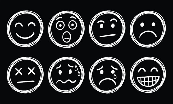 Chalk Hand Drawn Smiley Faces Emoticons Expression Set On Black Background Icon
