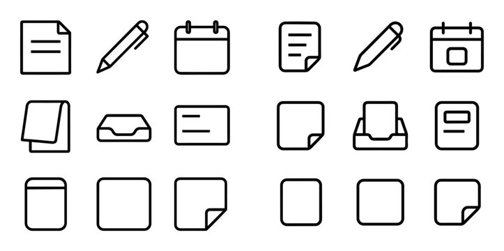 Office and writing vector icons with paper, pen, calendar for web design in minimal outline style