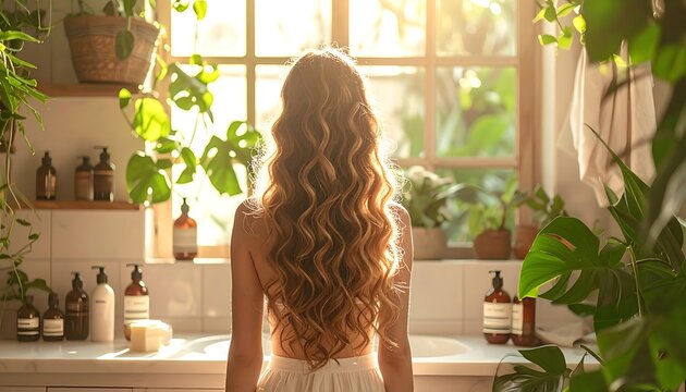 Woman's back view with long wavy hair facing window in a plant-filled bathroom, sunlit