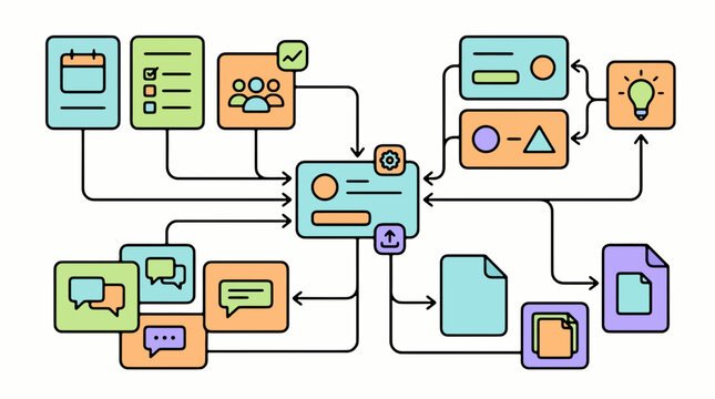 A colorful and complex flowchart depicting a business workflow with interconnected modules, icons, and charts.