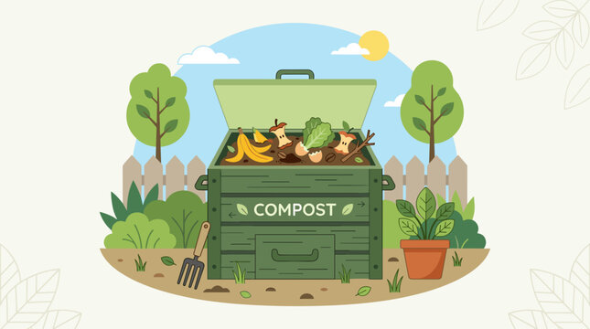Compost bin with organic waste in a garden setting with trees and plants