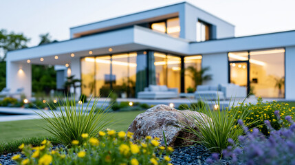 Fototapeta premium Luxury modern villa exterior at twilight with glowing interior lighting and elegant landscape garden, premium residential architecture concept, defocused, with copy space