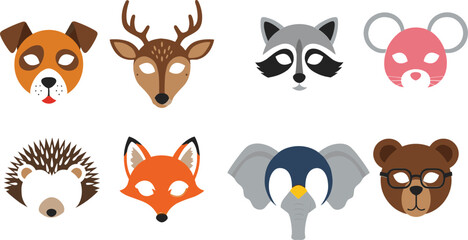 Fototapeta premium Vector Illustration of Animal Face Masks Featuring Dog, Deer, Raccoon, Fox, Elephant, and More for Kids' Party, Fun, and Costume Designs