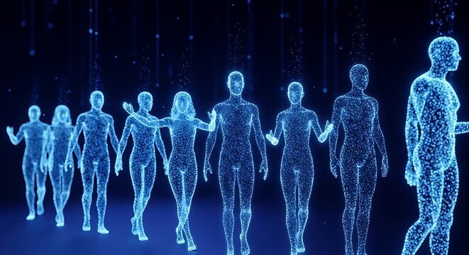 Group of glowing digital human figures walking forward representing artificial intelligence and technological evolution in a dark virtual space