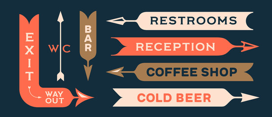 Plakat Wayfinding arrows. Directional signs collection. Vintage arrow set, banners with inscription. Design elements in retro style, navigation sign, signboard arrows pack, signage. Vector Illustration