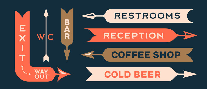Wayfinding arrows. Directional signs collection. Vintage arrow set, banners with inscription. Design elements in retro style, navigation sign, signboard arrows pack, signage. Vector Illustration