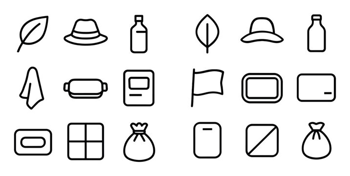 Ecology and fashion design icons with leaf, hat and bottle for web design in minimal outline style