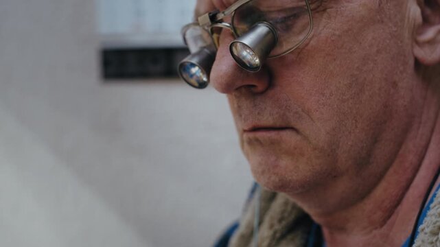 A lab specialist wears binocular loupes while shaping a false crown, bringing the restoration inches from his eyes.