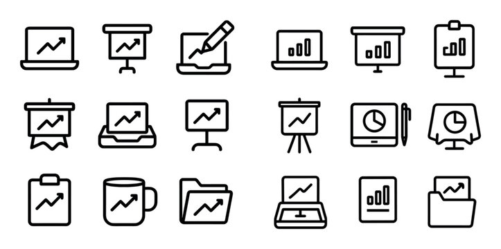 Analytics and presentation vector icons with laptop, chart and clipboard for business dashboard in minimal outline style