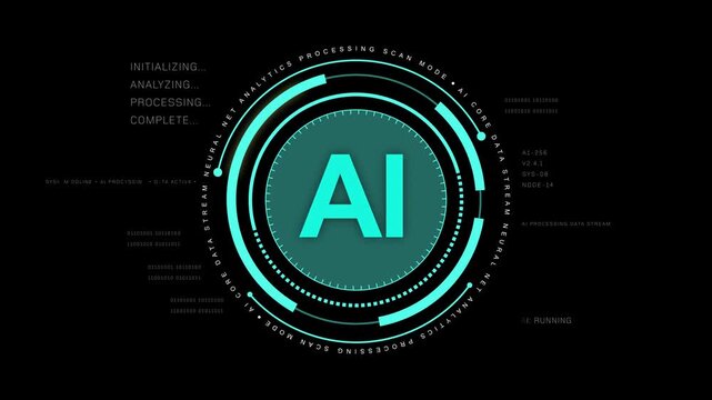 Futuristic 4K artificial intelligence animation featuring a glowing AI interface surrounded by advanced HUD elements, data visualisation rings, and digital technology graphics. 