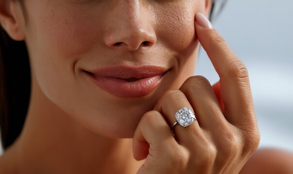 Woman wearing a large cushion-cut diamond engagement ring on her finger while touching her cheek against a blurred beach backdrop