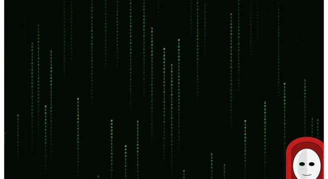 Digital hacker mask with falling binary code animation