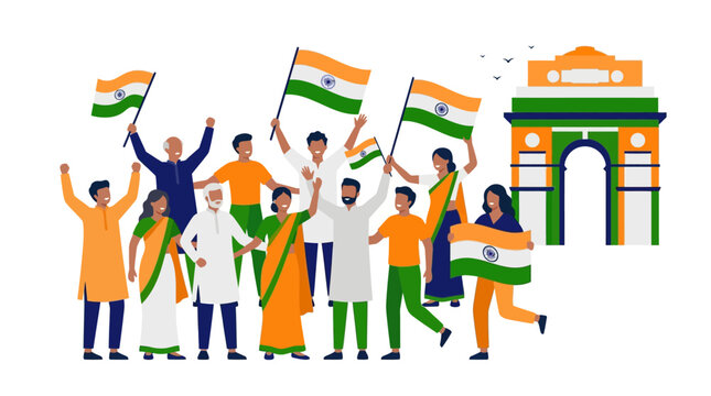 Indian independence day celebration illustration with people waving flags and India gate