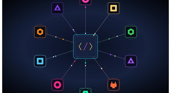 Digital network hub with connected and data flow animation