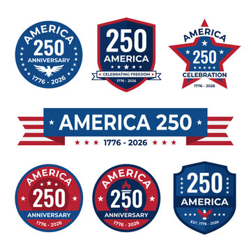 Flat vector badge set celebrates America 250th anniversary with patriotic symbols and emblems.