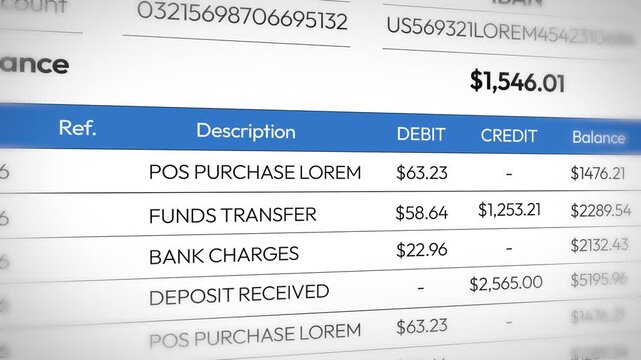 4k animation business accounting template showing bank statement, transaction details for financial analysis, 4k animation