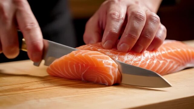 chef hands slicing raw fresh salmon fillet with a sharp knife on a wooden board, close up view for gourmet sushi or sashimi preparation.