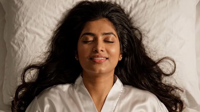 A Young Woman Experiences Deep Sensual Pleasure in Bed Eyes Closed Smiling Blissfully in a Moment of Intimate Tranquility
