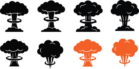 Obraz premium Atomic bomb explosion icons in black and orange on white background