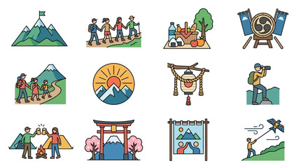Fototapeta premium Outdoor Hiking Adventure and Scenic Nature Exploration Icons Set