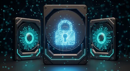 Fototapeta premium Three hard drive units with a glowing digital padlock floating above, surrounded by abstract blue network particles and circuit patterns