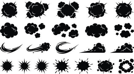 Collection of black explosion and burst graphic elements for comic book effects and design  various shapes and sizes of clouds and bursts © MD ANWAR