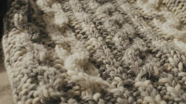 Closeup of a chunky knit wool sweater featuring intricate cable stitch patterns in shades of grey and white, ideal for winter apparel themes.