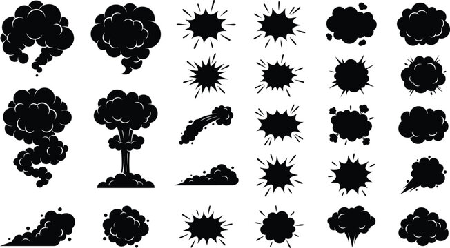 Black explosion and smoke clouds vector graphics set  various shapes and sizes of puffs and blasts on white background for design