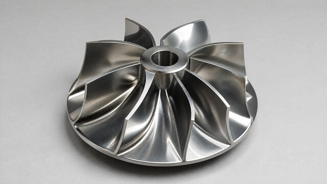 impeller. Stainless steel impeller with metallic reflections under industrial lighting. safety posters, maintenance manuals, designed for precision metalworking and fabrication facilities.