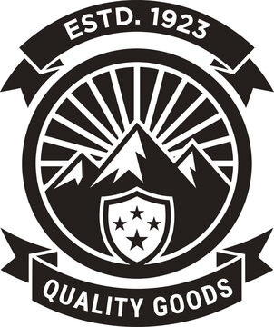 Vintage mountain range logo with shield and stars  quality goods estd 1923