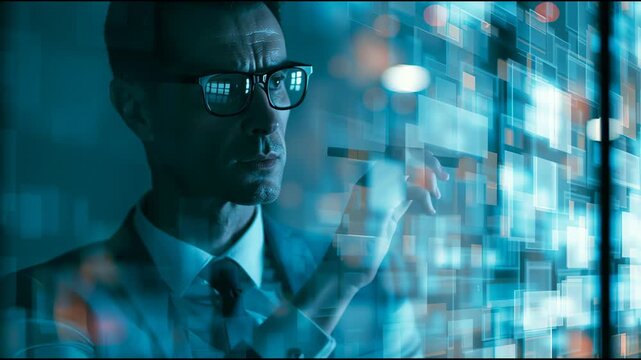 A business professional looks at digital information in an office. The person shows focus and contemplation while working late at night.