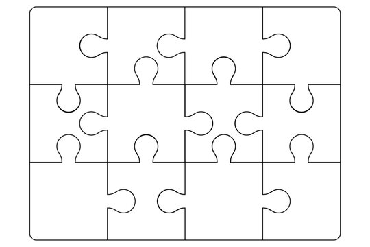Outline connected puzzle 12 pieces frame. Frame puzzle 3x4 pieces. Template shape of Jigsaw puzzle pieces. Stock vector illustration isolated on white background.